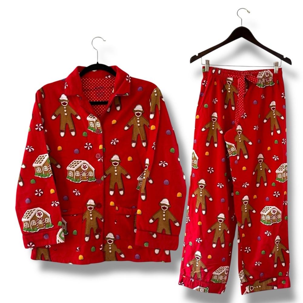 Nick & Nora Red Gingerbread Sock Monkey Pajama Set Christmas Shirt & Pants Small